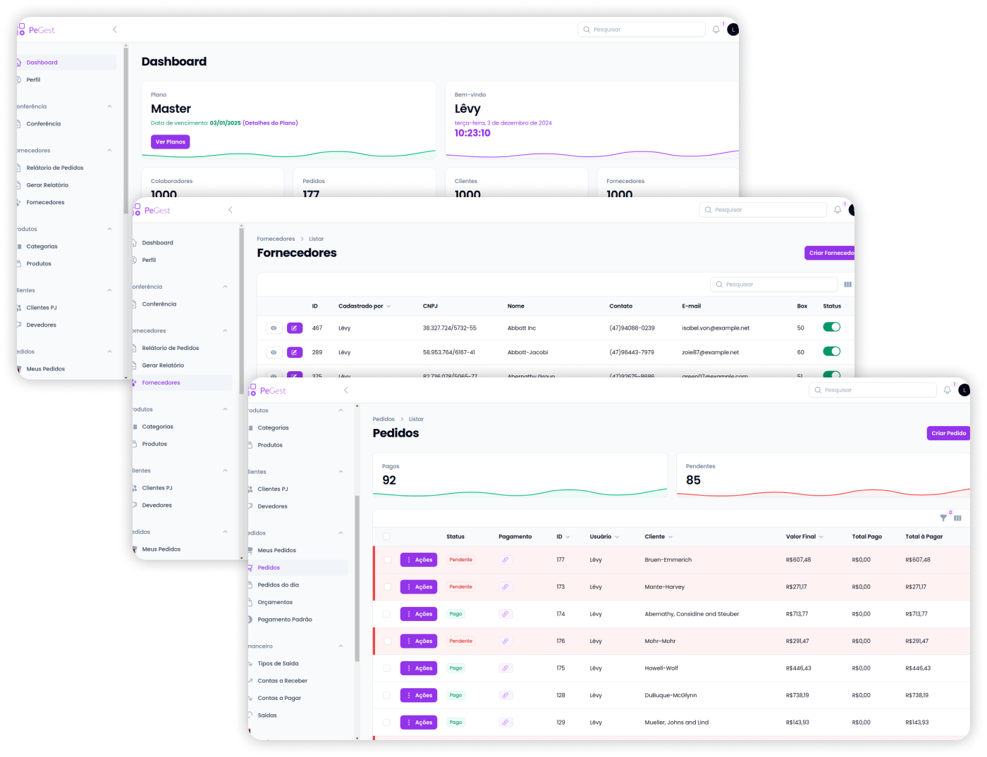 Painel do sistema PeGest